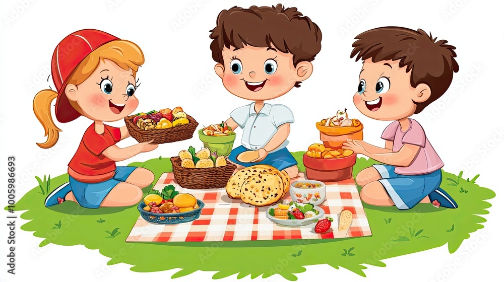 Three Children Enjoying a Picnic with Food in Baskets Three Children Enjoying a Picnic with Food in Baskets