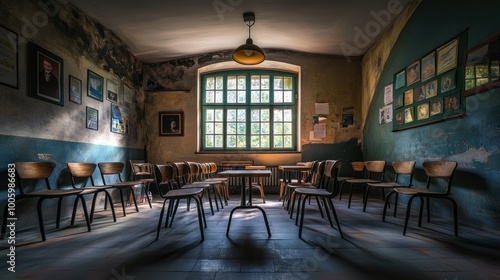 An empty classroom with wooden chairs and a large window, evoking a sense of nostalgia.