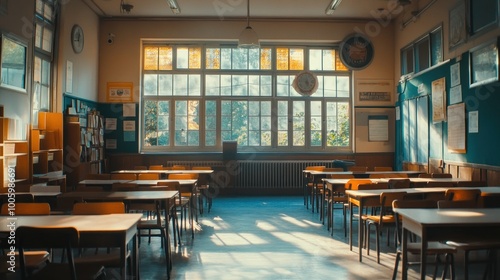 A sunlit classroom with empty desks and shelves, ideal for learning and reflection.
