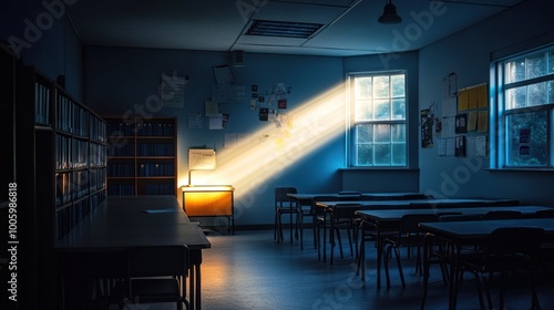 A dimly lit classroom with sunlight streaming through a window, creating a serene atmosphere.