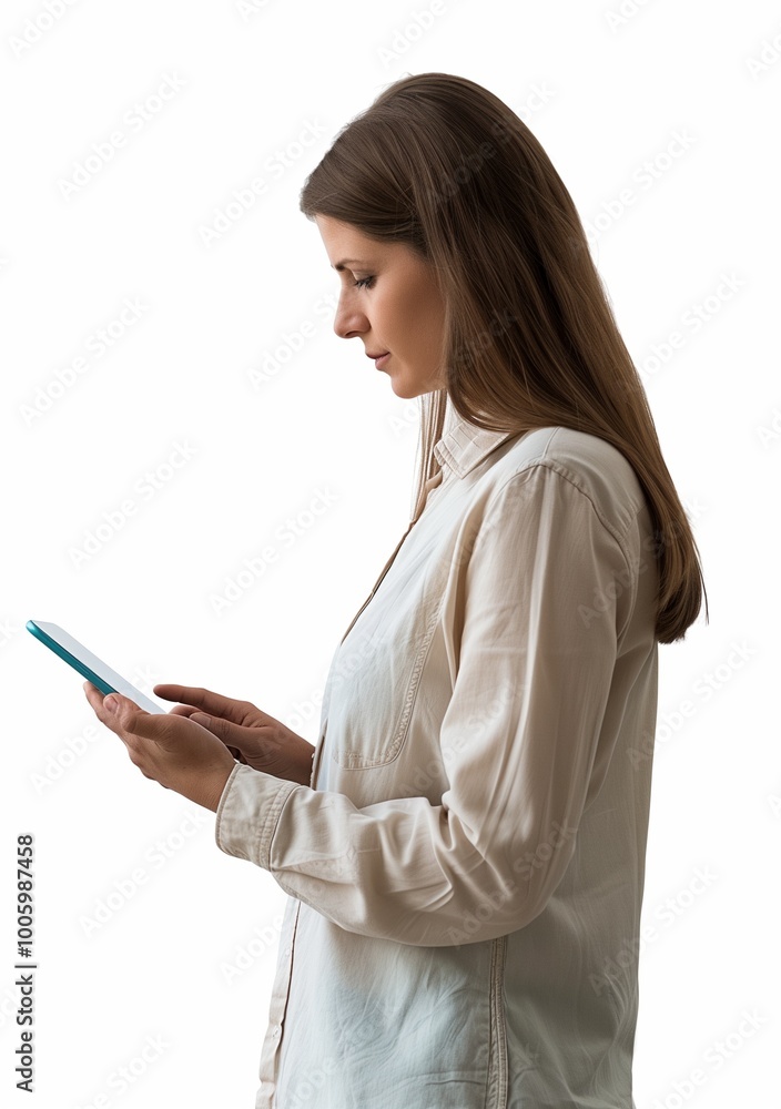 A side view photograph of an attractive woman in her late thirties, standing and looking at a tablet screen. A side view photograph of an attractive woman in her late thirties, standing and looking at a tablet screen.