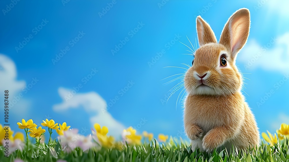 Obraz premium Fluffy rabbit hopping joyfully through a vibrant field of wildflowers, a scene filled with life and natural beauty.