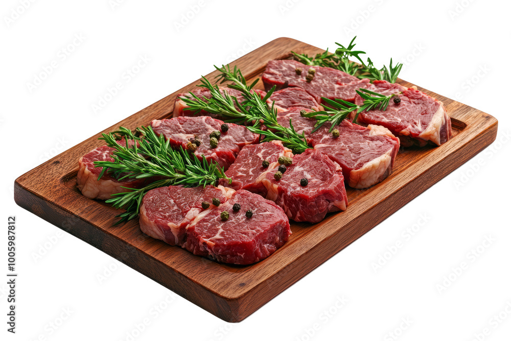 wooden board displaying a variety of raw steak cuts, garnished with fresh herbs and spices. wooden board displaying a variety of raw steak cuts, garnished with fresh herbs and spices.