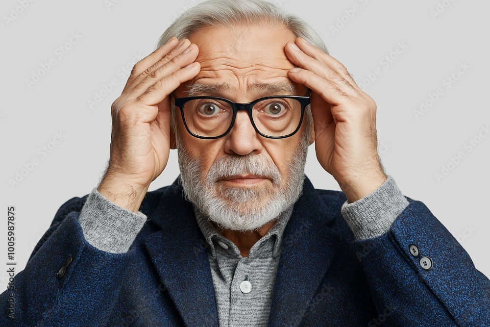 Man with a beard and gray hair. Stressed old senior businessman holding his hands on the head, isolated on transparent background. Worried and anxious, thinking about problem or trouble at work, Man with a beard and gray hair. Stressed old senior businessman holding his hands on the head, isolated on transparent background. Worried and anxious, thinking about problem or trouble at work,