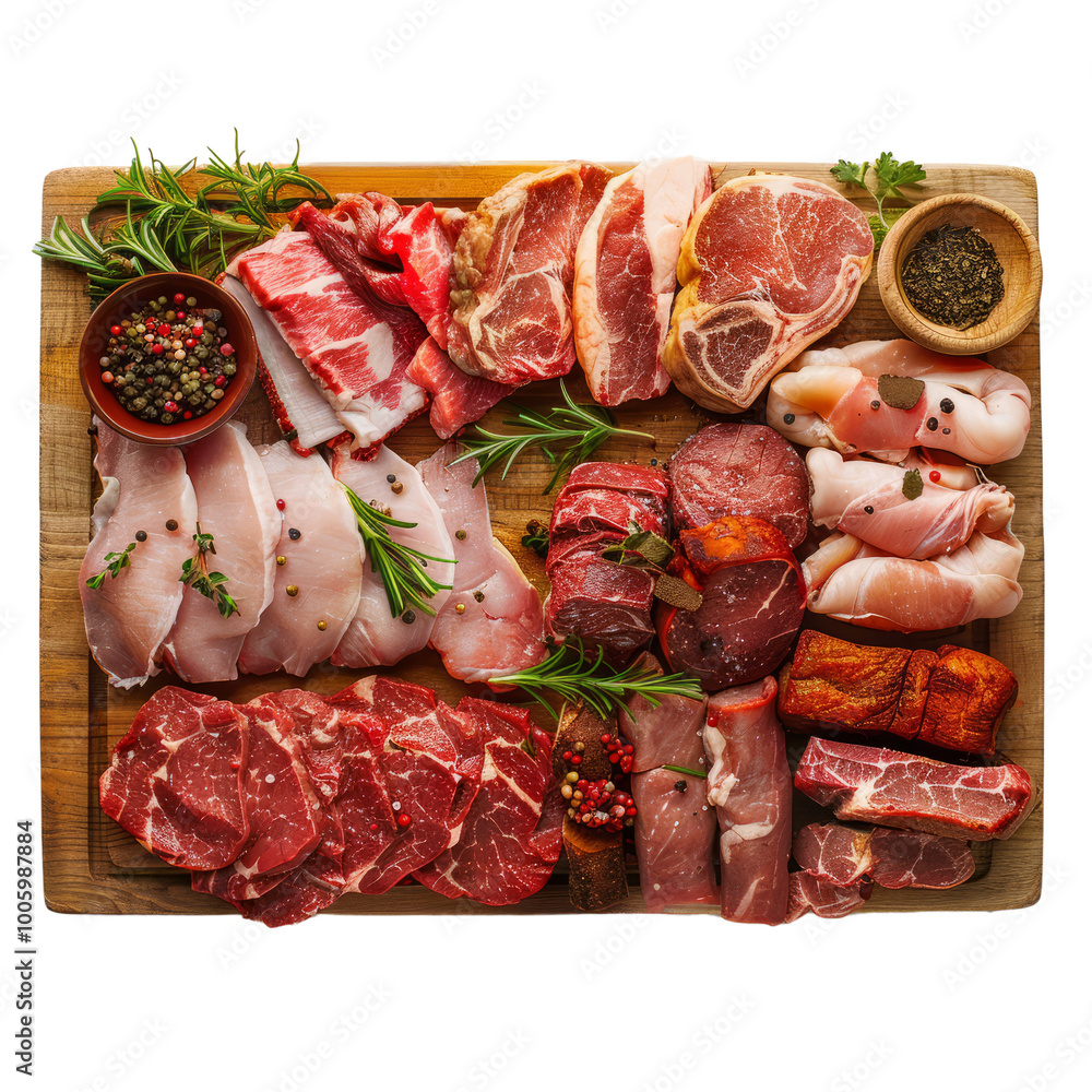 wooden board filled with assorted raw meats, including beef, pork, and chicken.