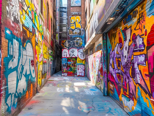 Vibrant street art graffiti lining the walls of a colorful urban alleyway on a sunny day.