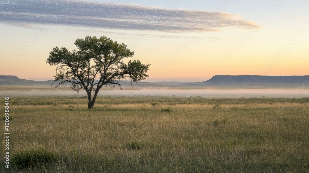 A peaceful morning on the plains, with a light fog hanging over the landscape and the sun just beginning to rise in the distance. A peaceful morning on the plains, with a light fog hanging over the landscape and the sun just beginning to rise in the distance.