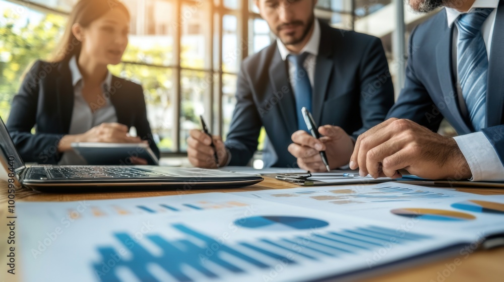 Business team in a meeting room featuring a successful businessman and businesswoman collaborating on strategies. Business team in a meeting room featuring a successful businessman and businesswoman collaborating on strategies.