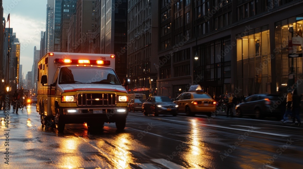 Emergency ambulance on a wet city street at dusk, surrounded by traffic and pedestrians. Emergency ambulance on a wet city street at dusk, surrounded by traffic and pedestrians.