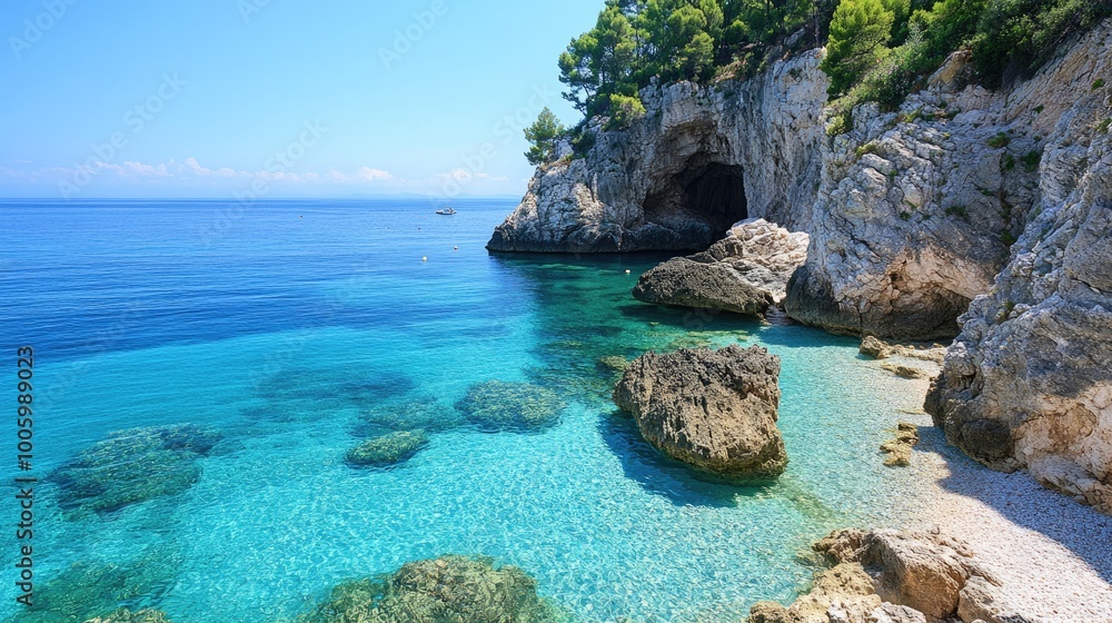 Fototapeta premium A picturesque beach cove with crystal-clear waters, surrounded by rocky cliffs and lush greenery, perfect for a tranquil retreat.