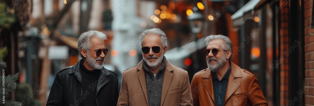 Three men are walking down a snowy street. One of them is wearing a brown jacket. The other two are wearing brown coats. wide angle shot, full body with legs, three 45 years men are walking Three men are walking down a snowy street. One of them is wearing a brown jacket. The other two are wearing brown coats. wide angle shot, full body with legs, three 45 years men are walking