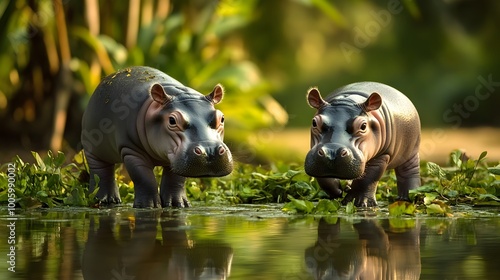 Adorable newborn hippopotamus calves taking their first steps near a tranquil pond with wrinkled grey skin stubby legs and inquisitive expressions as they explore the lush verdant shoreline photo