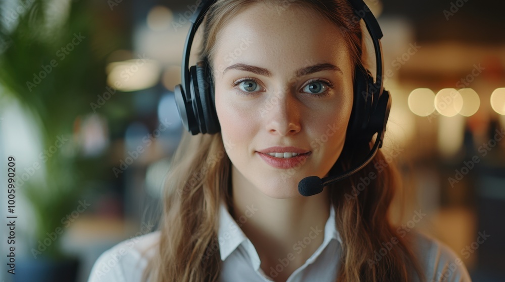 A portrait of a call center agent wearing headphones, engaged in consulting with a friendly expression, soft natural light, ideal for customer service, support, and telemarketing themes. A portrait of a call center agent wearing headphones, engaged in consulting with a friendly expression, soft natural light, ideal for customer service, support, and telemarketing themes.