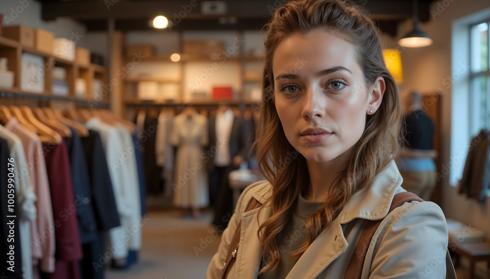 Confident shopper in a clothing store, standing proudly in front of neatly organized garments Confident shopper in a clothing store, standing proudly in front of neatly organized garments
