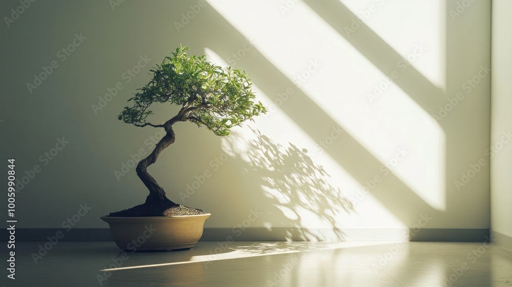 A serene bonsai tree casts intricate shadows in a sunlit indoor space. A serene bonsai tree casts intricate shadows in a sunlit indoor space.