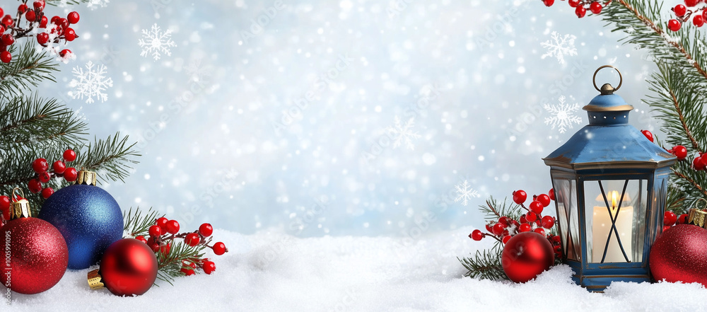 Christmas background with lanterns, red Christmas balls and snow in a bokeh panorama style, Christmas background with lanterns, red Christmas balls and snow in a bokeh panorama style,