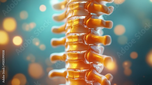 A 3D illustration of a human spine showing disc degeneration, clear and detailed view, ideal for medical education, health, and anatomy themes.