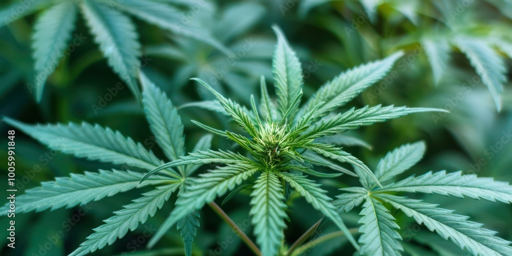 A close-up of a healthy cannabis plant in full bloom, with detailed shots of the leaves and buds A close-up of a healthy cannabis plant in full bloom, with detailed shots of the leaves and buds