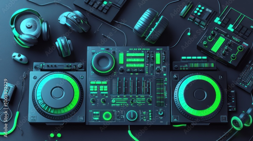A vibrant DJ setup featuring turntables, headphones, and mixers, designed for music mixing. A vibrant DJ setup featuring turntables, headphones, and mixers, designed for music mixing.