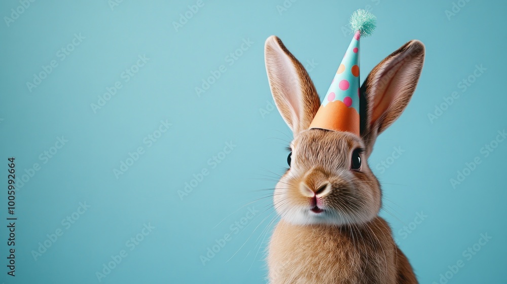 A cute rabbit wearing a party hat against a blue background, celebrating a festive occasion. A cute rabbit wearing a party hat against a blue background, celebrating a festive occasion.