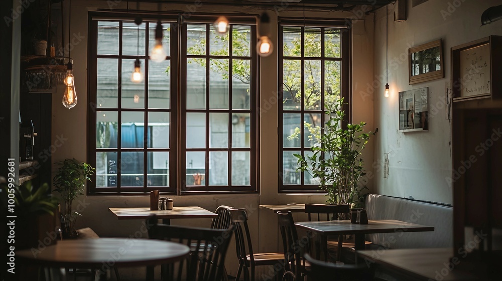 Warm Lighting and Wooden Tables in a Cozy Cafe Warm Lighting and Wooden Tables in a Cozy Cafe