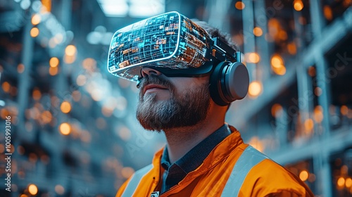 Worker wearing VR headset, viewing a virtual construction site with digital overlays and modern civil equipment, highlighting advanced construction technology.