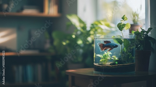 A tranquil scene featuring a fishbowl with a goldfish surrounded by indoor plants.