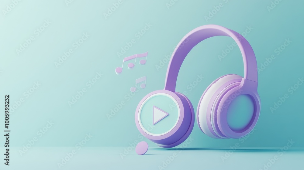 A pastel-colored headphone with a play button and musical notes, symbolizing music enjoyment. A pastel-colored headphone with a play button and musical notes, symbolizing music enjoyment.