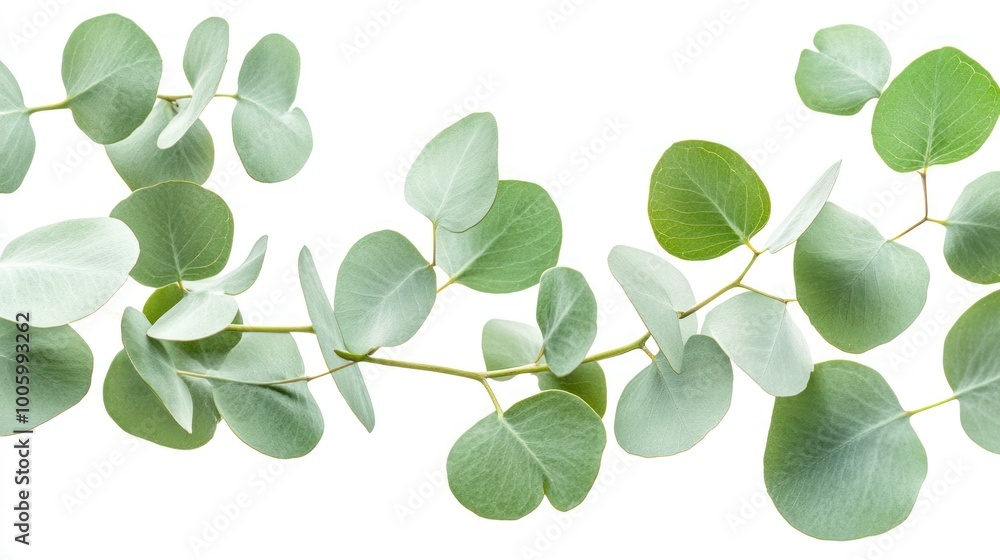 A branch of eucalyptus leaves arranged elegantly on a white background. A branch of eucalyptus leaves arranged elegantly on a white background.