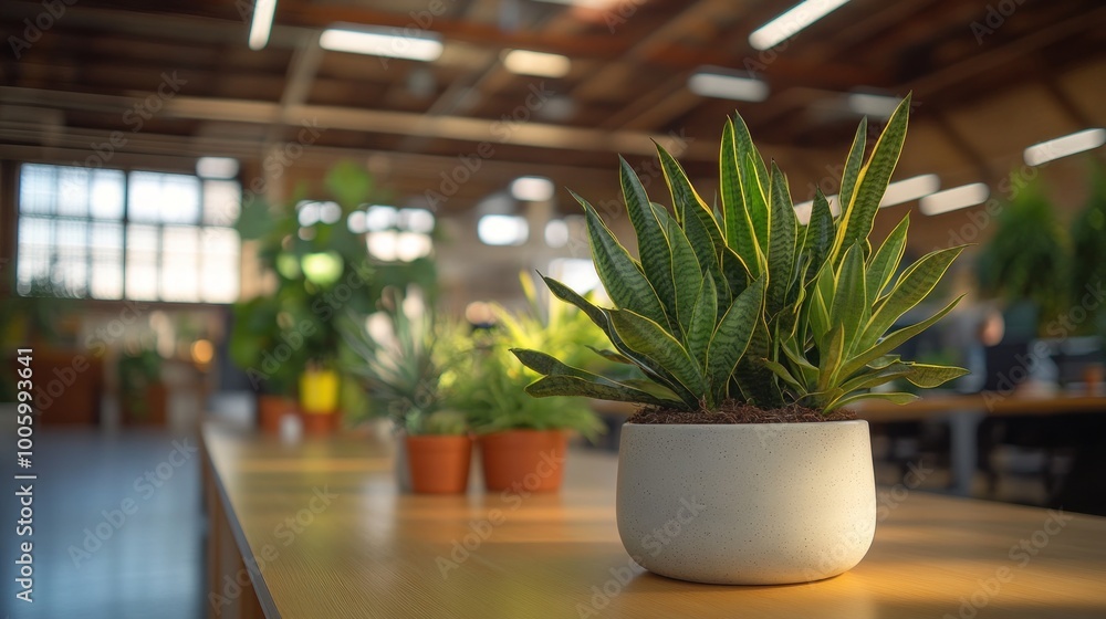A modern office space featuring various potted plants on a wooden table. A modern office space featuring various potted plants on a wooden table.
