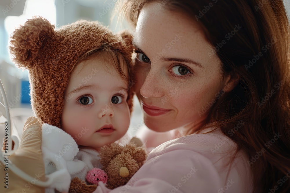 Young mother lovingly holds her adorable baby wearing a cute bear hat in a warm, cozy setting. Young mother lovingly holds her adorable baby wearing a cute bear hat in a warm, cozy setting.