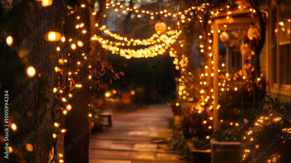 A street with lights on the trees and houses A street with lights on the trees and houses