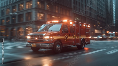 An emergency ambulance responding with lights flashing on a city street.