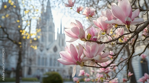 Fototapeta Naklejka Na Ścianę i Meble -  First spring flowers magnolia bloom in front of the church Votivkirche in Vienna., 