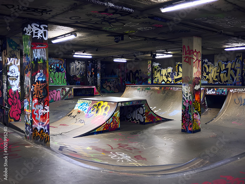 Gritty urban skate park filled with ramps and vibrant graffiti art captured in image. photo