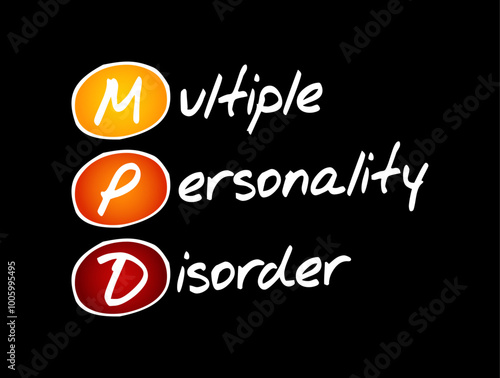 MPD Multiple Personality Disorder - mental disorder characterized by the maintenance of at least two distinct and relatively enduring personality states, acronym text concept background