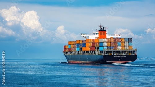 A shipping vessel carrying freight containers across calm seas for international exports and imports. No logos.