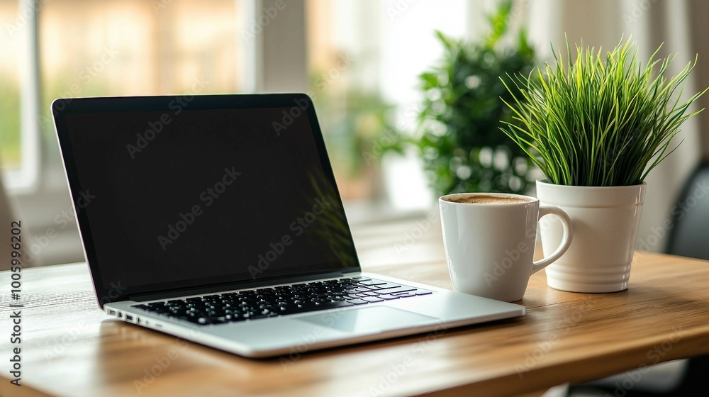 Laptop, Coffee Cup, and Plants on Wooden Desk Laptop, Coffee Cup, and Plants on Wooden Desk