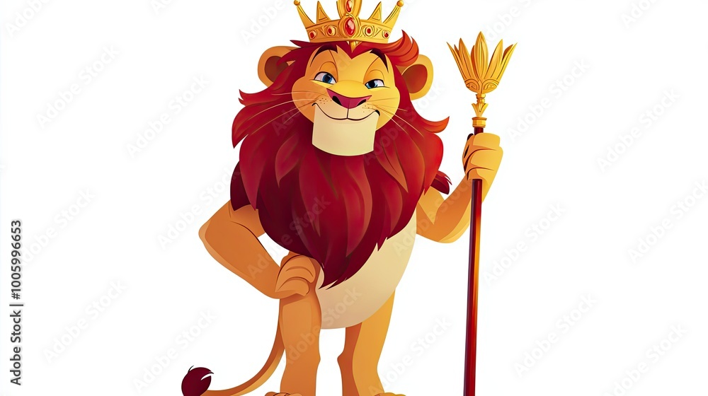 Fototapeta premium A Cartoon Lion Wearing a Golden Crown and Holding a Scepter