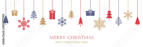 hanging christmas tree and gift decoration greeting card vector illustration