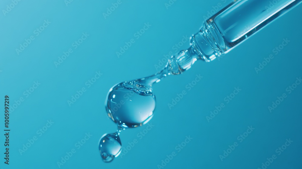 A macro view of a science experiment showcasing liquid drops falling from a glass pipette, creating ripples on a blue background. Highlights the precision and beauty of laboratory work in chemistry A macro view of a science experiment showcasing liquid drops falling from a glass pipette, creating ripples on a blue background. Highlights the precision and beauty of laboratory work in chemistry