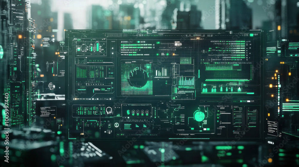 futuristic control panel displaying environmental data in high tech cityscape. vibrant green graphics and digital interfaces create sense of advanced technology and innovation futuristic control panel displaying environmental data in high tech cityscape. vibrant green graphics and digital interfaces create sense of advanced technology and innovation