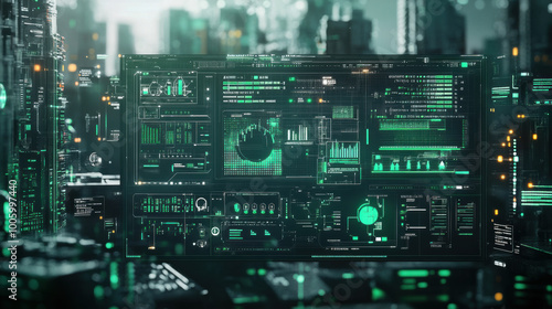 futuristic control panel displaying environmental data in high tech cityscape. vibrant green graphics and digital interfaces create sense of advanced technology and innovation