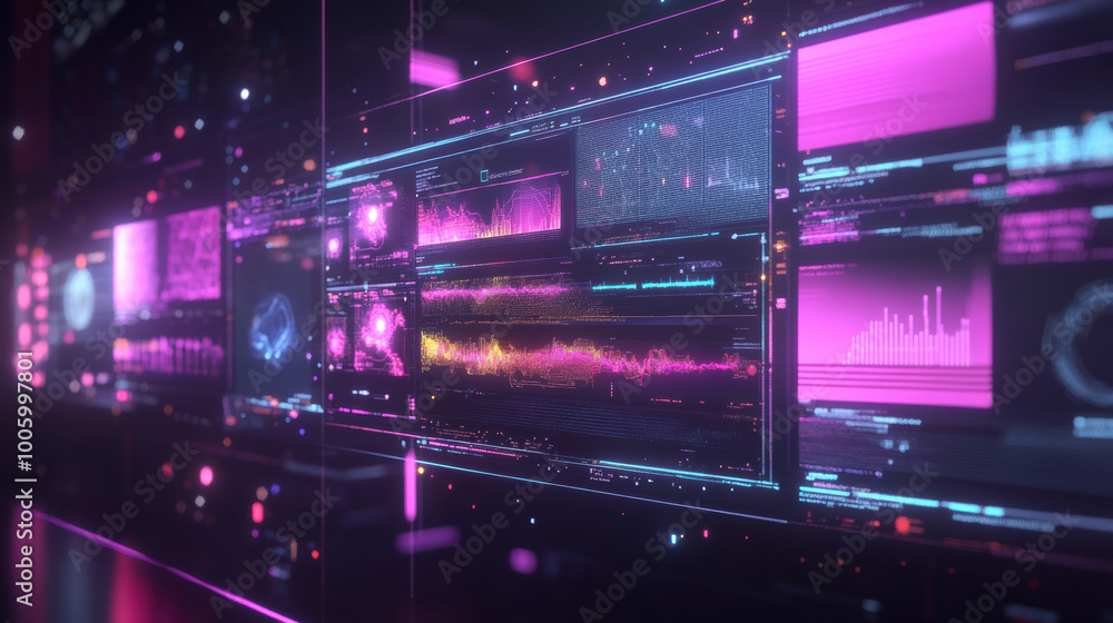 Fototapeta premium futuristic floating interface displaying real time machine learning data with vibrant pink and purple visualizations. screens showcase various graphs and metrics, creating high tech atmosphere