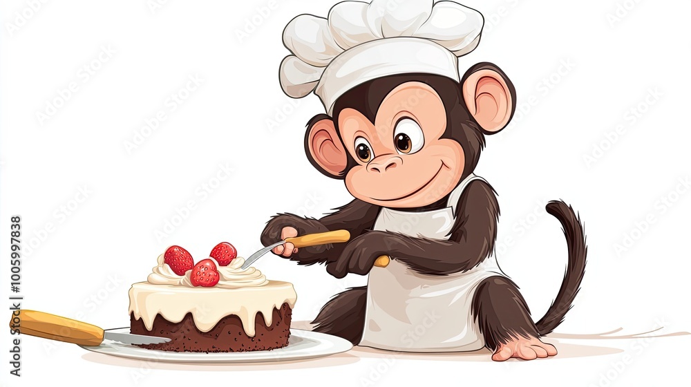 A Chef Monkey Preparing a Strawberry Topped Chocolate Cake A Chef Monkey Preparing a Strawberry Topped Chocolate Cake