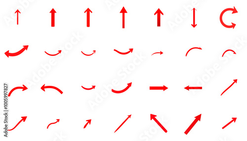Set of red arrows in various directions and shapes, isolated on transparent background, Generative AI