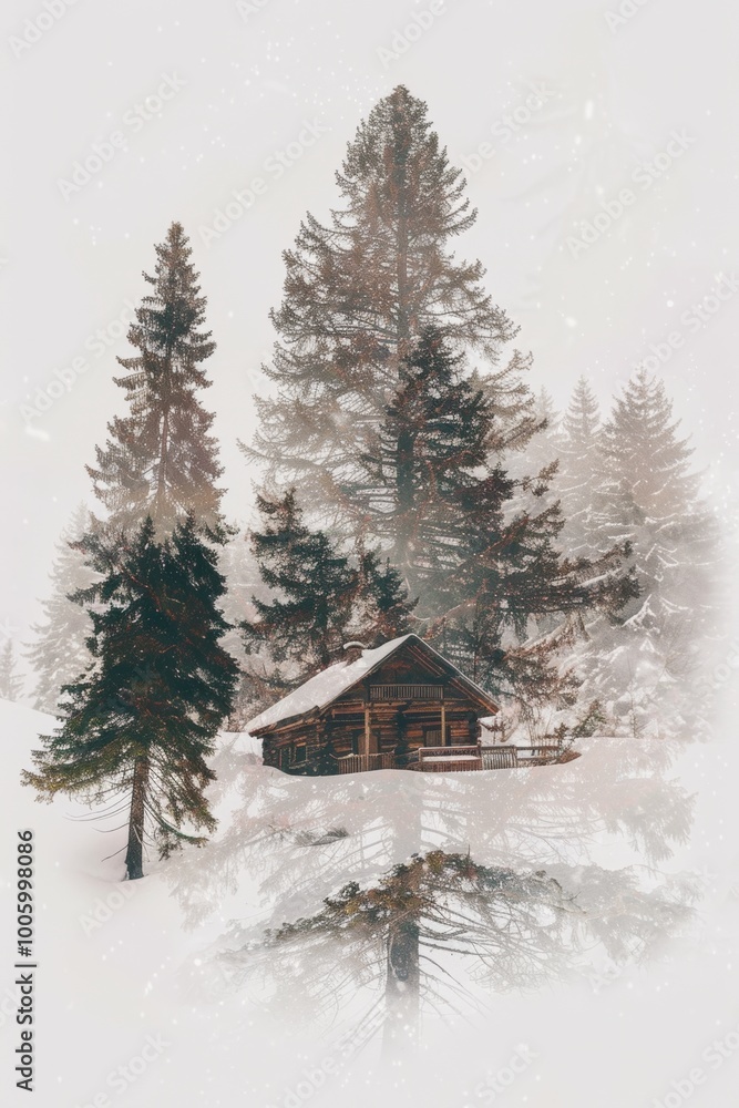 Double exposure of a Christmas tree and a cozy cabin in a snowy forest for a warm vibe. Double exposure of a Christmas tree and a cozy cabin in a snowy forest for a warm vibe.