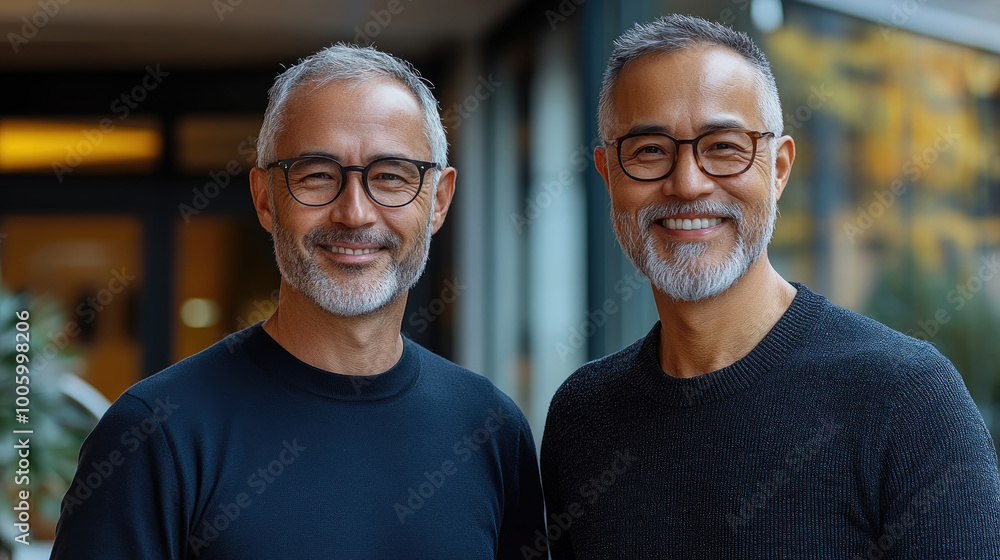 Two cheerful men wearing glasses and casual clothing pose together in a well-lit space, showcasing friendly expressions and solidarity Two cheerful men wearing glasses and casual clothing pose together in a well-lit space, showcasing friendly expressions and solidarity
