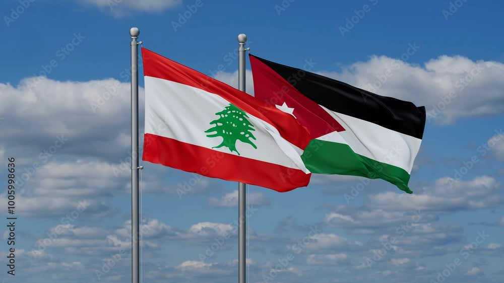 Jordan and Lebanon flags flying together, video concept of the relationship, two country relations concept Jordan and Lebanon flags flying together, video concept of the relationship, two country relations concept