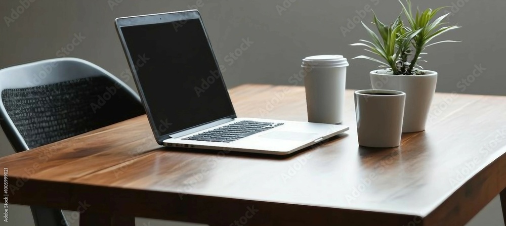 Modern Workplace with Laptop, Coffee, and Plant Modern Workplace with Laptop, Coffee, and Plant